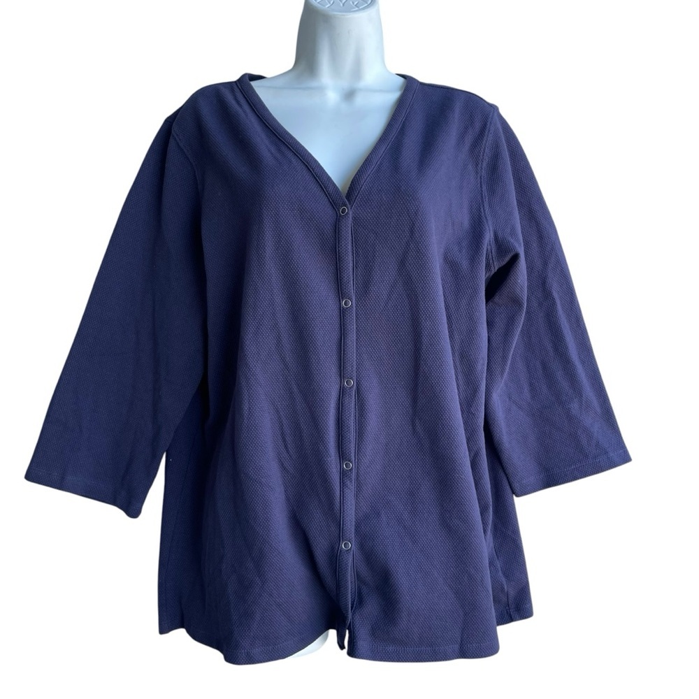 DENIM & Co. Bubble Pique V-Neck Button-Up Top Blue 3/4 Sleeve Size L